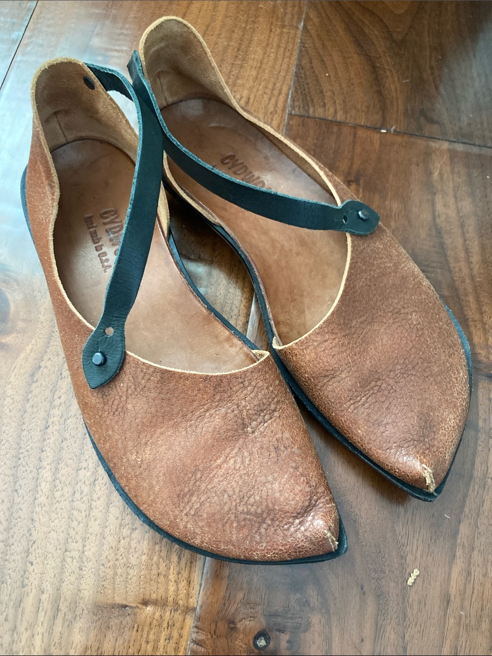Women’s Brown Leather Pointed Mary Jane Flats with Black Strap